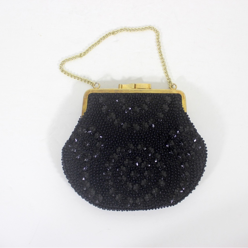 Vintage Black Beaded Evening Clutch with Gold Frame